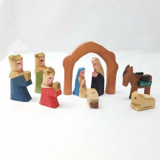 Vintage Set 9 Hand Carved Painted Wood Nativity Scene Figures (1/2 " - 2 3/4 ")