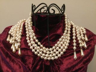 Vintage Estate Multi Strand Faux Pearl Necklace With Shoulder Side Drop Dangle