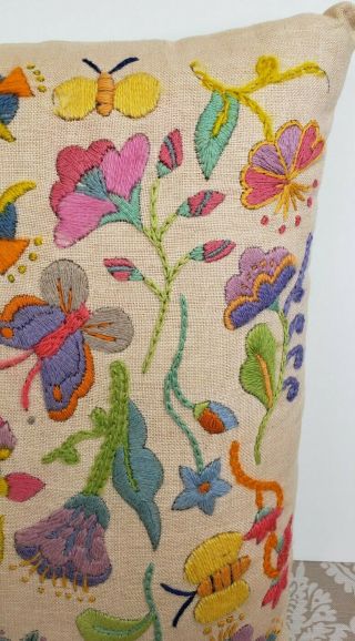 Jacobean Pillow Vintage Crewel Embroidery Flowers & Butterflies 14x14 Boho Decor 2