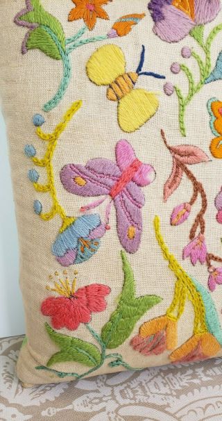Jacobean Pillow Vintage Crewel Embroidery Flowers & Butterflies 14x14 Boho Decor 3