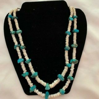 Vintage Turquoise And Puka Shell Multi - Strand Necklace With Silver Ends.