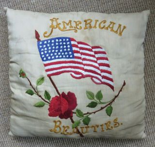 Vintage Pillow - American Beauties Folk Art - Embroidered - Us Flag - Rose