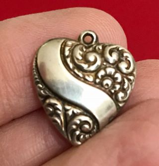 Lg Sweet Vintage Sterling Silver Puffy Heart Floral Repousse Charm Monogrammed