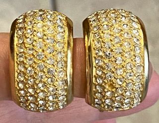 Vintage Christian Dior Gold Plated Pave Crystal Half Hoop Clip - On Earrings