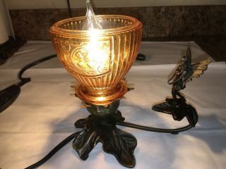 Vintage Metal Table Lamp Cherub Angel Fairy Amber Glass Shade 6 1/2” Bronze Tone