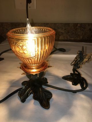 Vintage METAL Table Lamp Cherub ANGEL Fairy Amber Glass Shade 6 1/2” Bronze Tone 2