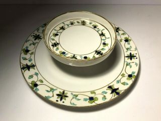 Vtg Hand Painted Nippon Green Blue Gold Trim 2 Tiered Chip & Dip Serving Plate