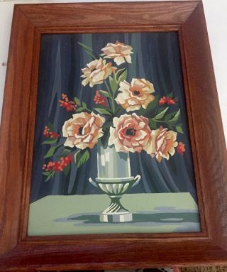 Vintage Retro Framed Roses Paint By Number Art Picture Dated & Signed