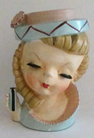 Vintage Head Vase Young Girl With Blonde Curls Black Lashes Wearing Hat 5 1/2 "