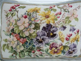 Vintage Petit Point Needlepoint Pansy Daisy Flowers Velvet Back Throw Pillow