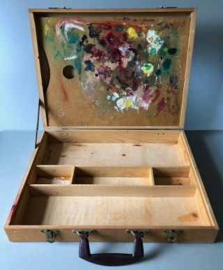 Vintage Artist PAINT BOX Traveling Wood Dovetails Supplies Case with Palette 2
