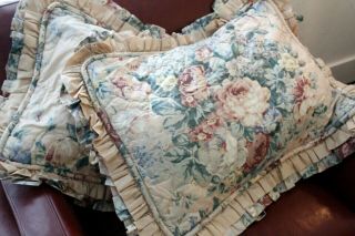 Set Of 3 High End Vintage Pillow Shams With Large Floral Design And Ruffles 33 "