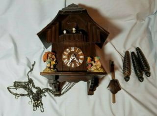 Vintage Cuckoo Clock Germany Black Forest Hummel & Musical Carousel Complete