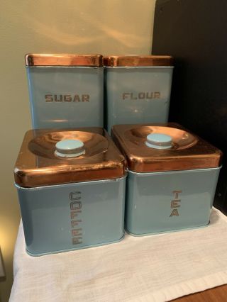 Vintage Mid Century Lincoln Beautyware Canister Set Turquoise Aqua Tin Copper