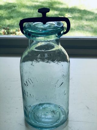 Vintage Qt Aqua Millville Atmospheric Fruit Jar,  Whitall’s Patent June 18,  1861