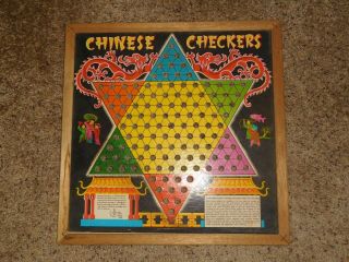 Vintage Chinese Checkers Board & Marbles Wooden Frame Transogram