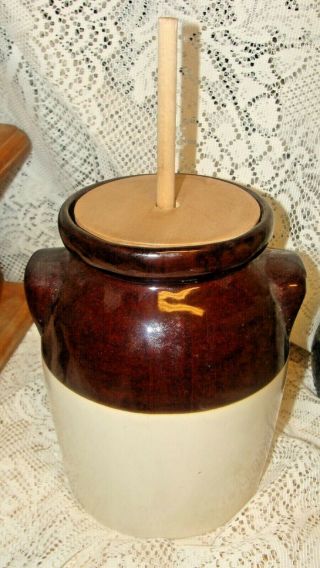 Vintage Pottery Dripware 2 Tone Brown Stoneware Butter Churn Wood Lid & Dasher
