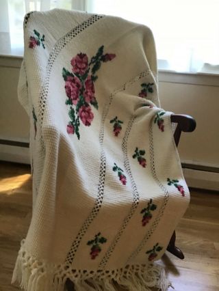 Vintage Handmade Crochet Afghan Blanket Throw Cross Stitch Floral Rose 86” X 57”