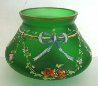 Vintage Forest Green Satin Glass Vase With Multi - Color Hand Painted Floral Deco