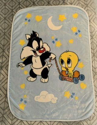 Vtg Baby Looney Tunes Sylvester Tweety Bird Wagon Plush Blanket Blue Lovey
