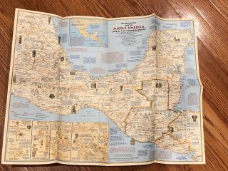 Vintage Middle America Archeological Map Before Cortes National Geographic 1968