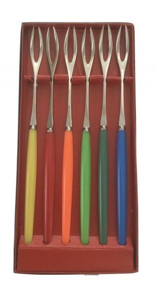 Vintage Retro Fondue Forks Stainless Steel Japan Colorful Plastic Handles Set 6