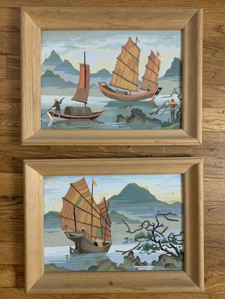 Vintage Set Of Two Paint - By - Number Asian Mount Fugi River Boat Oak Picture Frame