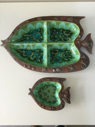 Vintage Treasure Craft 2 Piece Brown Serving Plates Turquoise/green Fish Shaped
