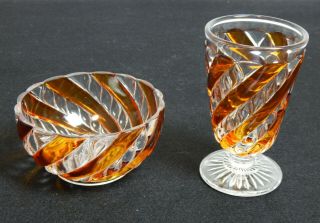 Vintage St Louis France Crystal Glass Amber And Clear Swirl Goblet And Bowl
