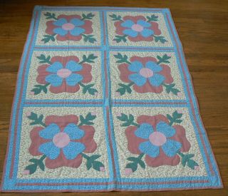 Vintage Handmade Flower Patchwork Quilt/throw/wall Hanging 35 1/2 " X 51 1/2 "
