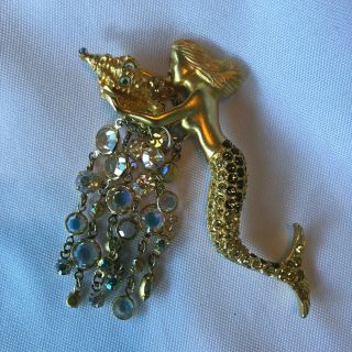 Vtg Kirks Folly Brooch Mermaid Dangle Ab Crystal Goddess Large Statement Piece