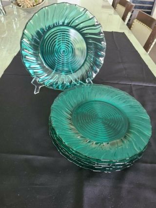 Vtg 7 Jeannette Ultramarine Petal Swirl 9 1/4 " Depression Glass Dinner Plates