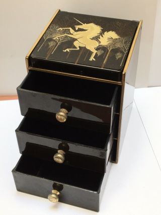 Vintage Otagiri Japan Unicorn Black Jewelry/trinket Box - Mirror Lid 3 Drawers