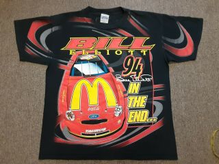 Vtg 90s 1999 Nascar 94 Bill Elliott Mcdonalds All Over Print T Shirt Blk Large