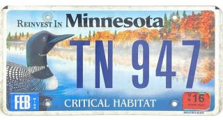 99 Cent 2016 Minnesota Critical Habitat License Plate Tn - 947