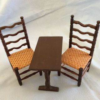 Dollhouse Miniature Wood Trestle Table And 2 Ladder Back Woven Chairs