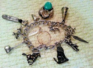 Western Vintage Rope Style Sterling Silver Charm Bracelet & Charms,  53.  3g,  Larger