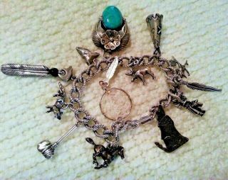 Western Vintage Rope Style Sterling Silver Charm Bracelet & Charms,  53.  3g,  Larger 3