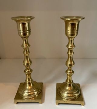 2 Vintage Solid Brass Candle Holders Candlesticks Pair Square Base 6 3/4” Tall