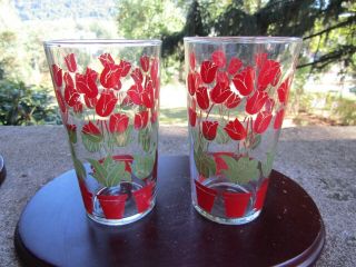 2 X Vintage Mid Century Modern Mcm Red Tulips Drinking Glasses 4 5/8 " Tall