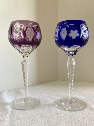 2 - Vintage Blown Cut Etched Crystal Wine Colored Glass 