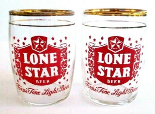 Set Of 2 Vtg 1950s Lone Star Beer 3 " Barrel Glass W/ Gold Detail Texas