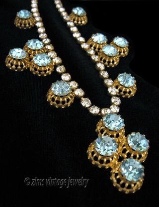 Vintage 1940’s Aqua Blue Rhinestone Gold Brass Filigree Fringe Pendant Necklace