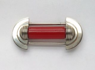 Vintage Jakob Bengel Art Deco Machine Age Chrome And Red Galalith Brooch