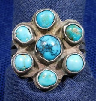 Native American Sterling Silver 7 Turquoise Cabs Handmade Vintage Ring Size 9.  4