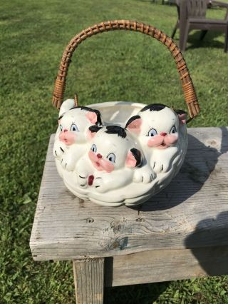 Vtg Ceramic Basket With Wicker Handle 3 Cats Or Dogs