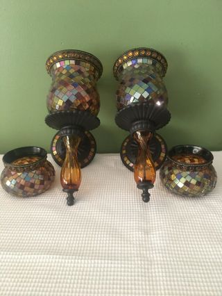 Party Lite Vintage Glass Mosaic Sconces And 2 Matching Votives