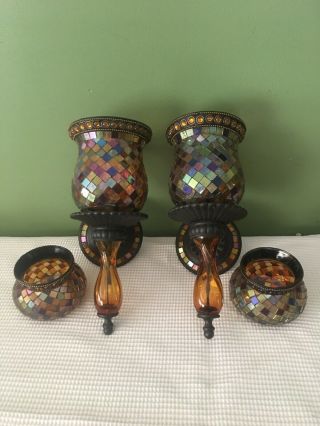 Party Lite Vintage Glass Mosaic Sconces And 2 Matching Votives 2