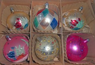 6 Vintage Jumbo 4 " Glass Christmas Balls - Poland - Hand Painted - Mica - Glitter - Santa