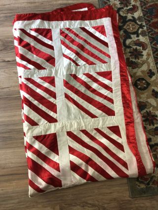 Vintage Red And White Stripped Satin 96x82 Quilt